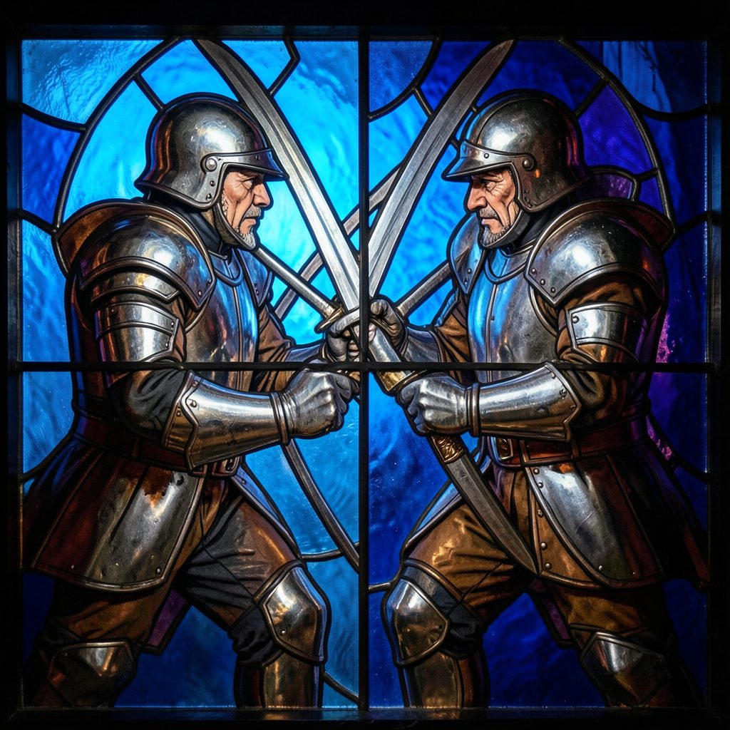 Stained-glass scene of a duel at close quarters, steel and leather tones rendered in cool blue and warm bronze glass segments.